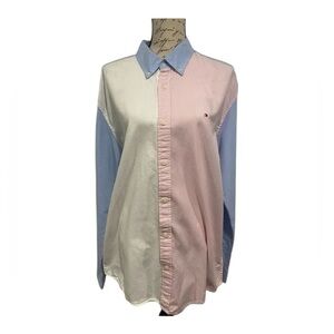 Tommy Hilfiger Long sleeve button down blue pink white color block shirt size XL